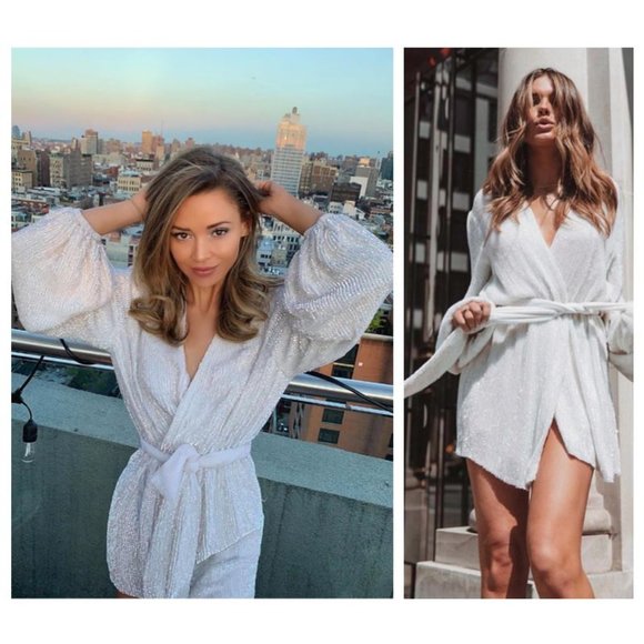 Retrofete Dresses & Skirts - NEW retrofete Gabrielle Robe Sequins Wrap Mini Dress in Moonglow White Size S